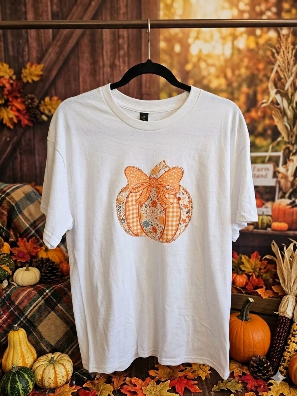 White Kids Pumpkin Bow Graphic Tee - Orange Design